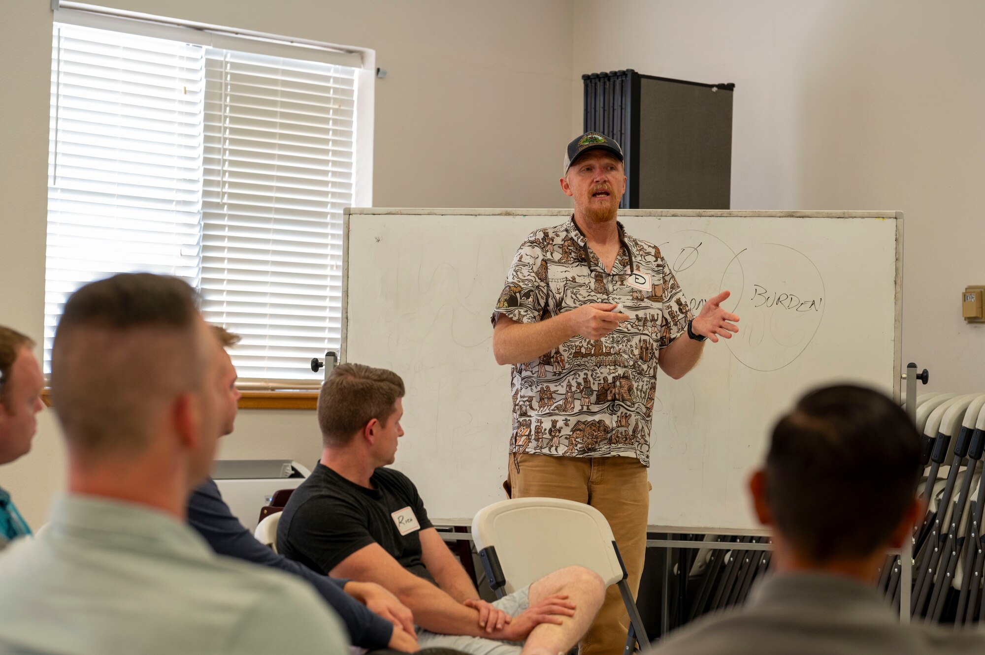 Ted Brinegar, 49th Wing integrated prevention chief, briefs a group of Holloman members during an A.S.I.S.T. program meeting at Holloman Air Force Base, New Mexico, Aug. 27, 2024. The program is a two-day course that provides caregivers with the ability to provide life-saving support for those at risk of suicide. (U.S. Air Force photo by Senior Airman Isaiah Pedrazzini)