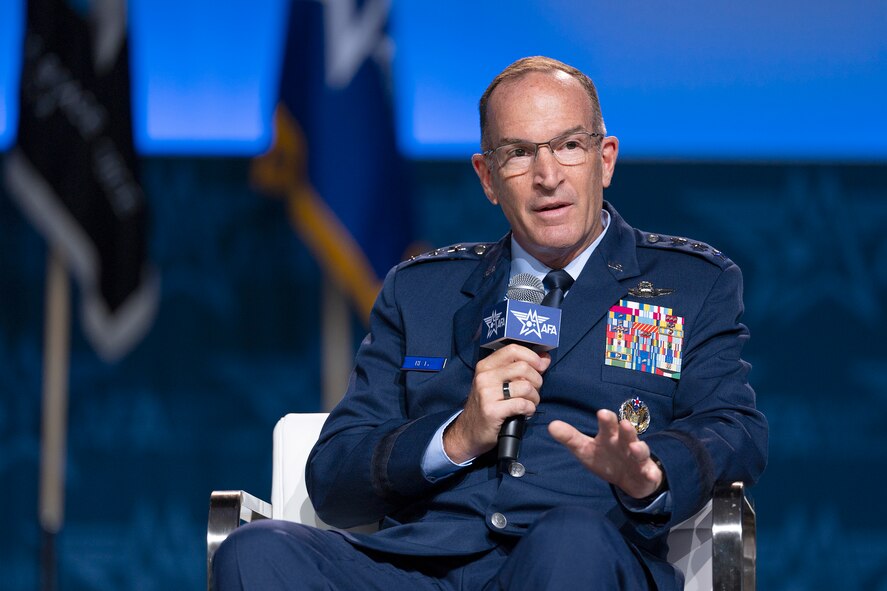 Lt. Gen. John P. Healy, chief of Air Force Reserve and commander of Air Force Reserve Command answers a question during the Exercising for Great Power Competition panel at the Air and Space Force’s Air, Space and Cyber Conference at the Gaylord National Resort and Convention Center, National Harbor, Maryland on Sept 18, 2024. (U.S. Air Force Photo by Tech. Sgt. Brent Skeen)