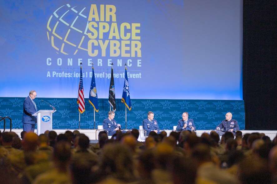 Members of the Exercising for Great Power Competition panel address the crowd during the Air and Space Force’s Air, Space and Cyber Conference at the Gaylord National Resort and Convention Center, National Harbor, Maryland on Sept 18, 2024. (U.S. Air Force Photo by Tech. Sgt. Brent Skeen)