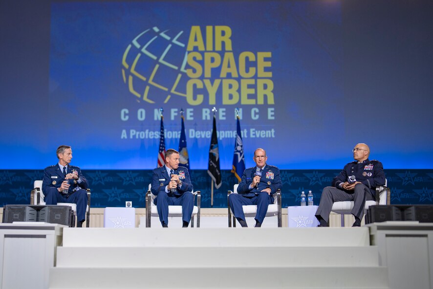 Members of the Exercising for Great Power Competition panel speak during the Air and Space Force’s Air, Space and Cyber Conference at the Gaylord National Resort and Convention Center, National Harbor, Maryland on Sept 18, 2024. (U.S. Air Force Photo by Tech. Sgt. Brent Skeen)