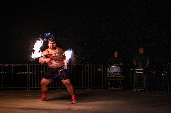 Chief Makoa of Traditions Hawaii performs a fire dance during the welcoming reception for the 26th annual Indo-Pacific Chiefs of Defense conference, in Kona, Hawaii, Sept. 18. Senior military leaders from 28 countries and multilateral entities attended the conference, titled "The Future Indo-Pacific: Building a Resilient and Interconnected Region," to build on and strengthen relationships to enhance mutual understanding, cooperation and a consistent operational framework, while underscoring international commitment to protecting shared interests across the Indo-Pacific. (U.S. Navy photo by Mass Communication Specialist 1st Class John Bellino)