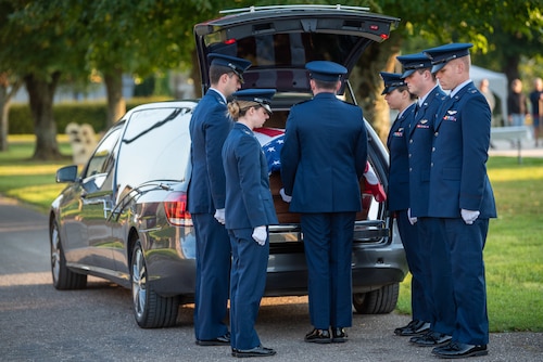 CHEVIÈRES, France – U.S. Air Force Airmen from the 94th Fighter Squadron prepare to unload the casket of Capt. Hamilton Coolidge during a reinterment ceremony at the Eglise Saint Martin in Chevières, France, Sept. 15, 2024. Coolidge, a pilot with the 94th Aero Squadron during World War I, was killed in action on Oct. 27, 1918. Due to erosion caused by a nearby river on the original burial site, Coolidge’s remains were relocated to the town cemetery. (U.S. Air Force photo by Airman 1st Class Albert Morel)