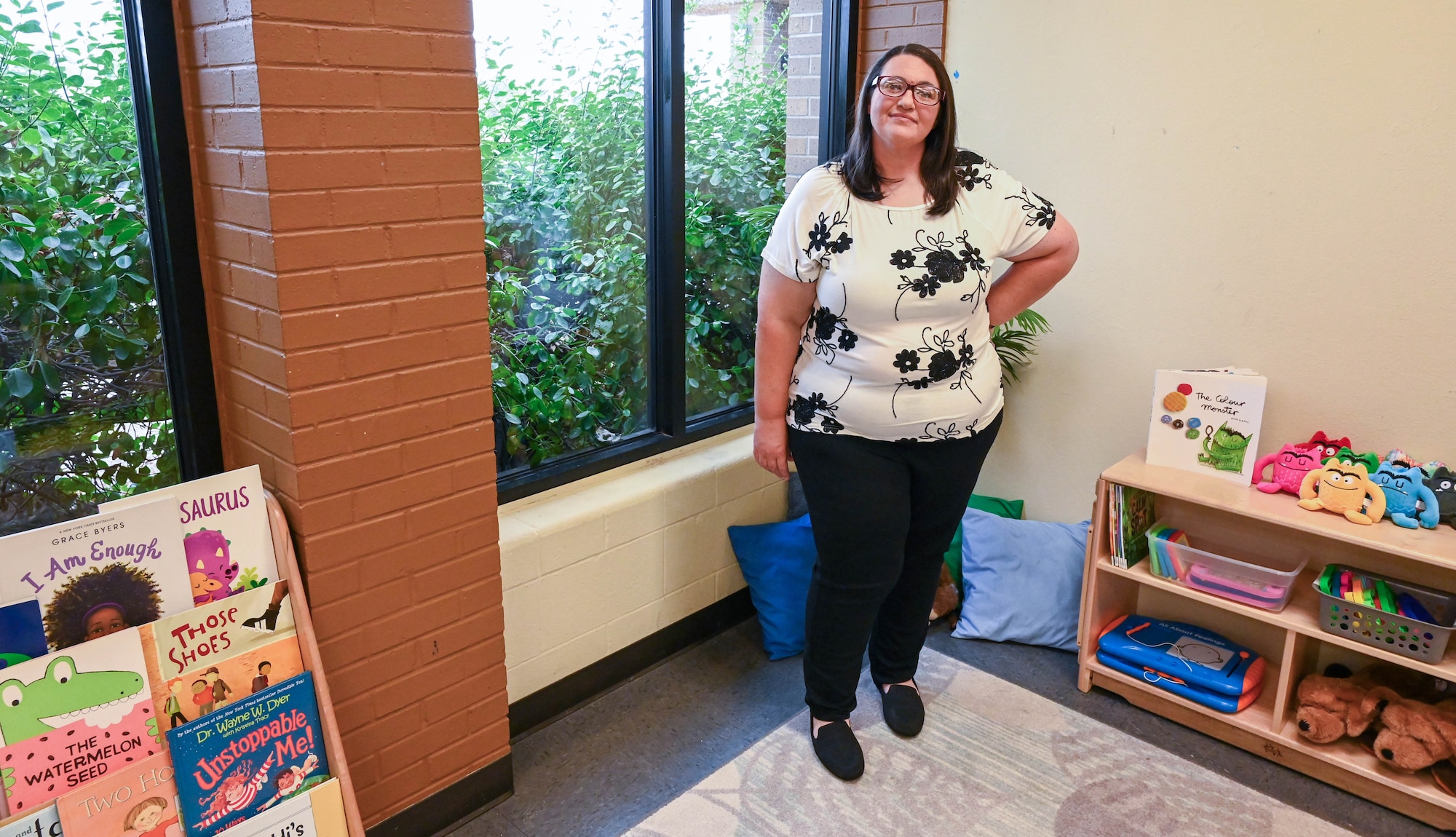 Stephanie Gray, 97th Force Support Squadron Child Development Center program lead teacher, poses for a photo in her classroom at the Youth Center at Altus Air Force Base, Oklahoma Sept. 7, 2024. Gray has worked at the CDC for the last 6 years. (U.S. Air Force photo by Airman 1st Class Heidi Bucins).