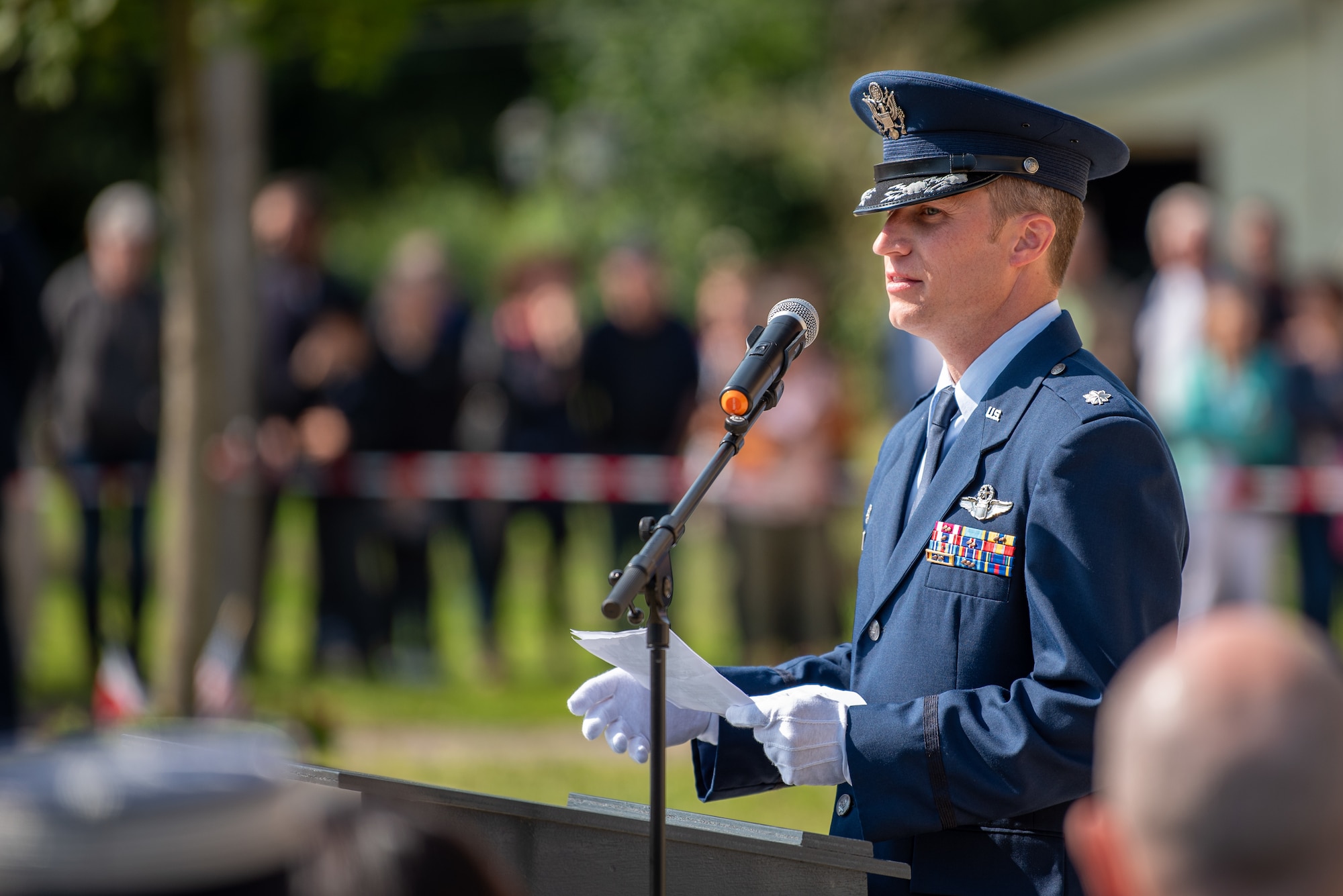 CHEVIÈRES, France – U.S. Air Force Lt. Col. Harrison Garlick, 94th Fighter Squadron commander, gives a speech during the reinterment ceremony for Capt. Hamilton Coolidge in Chevières, France, Sept. 15, 2024. The reinterment was part of ongoing efforts to honor World War I heroes and recognize the service of U.S. military personnel. (U.S. Air Force photo by Airman 1st Class Albert Morel)