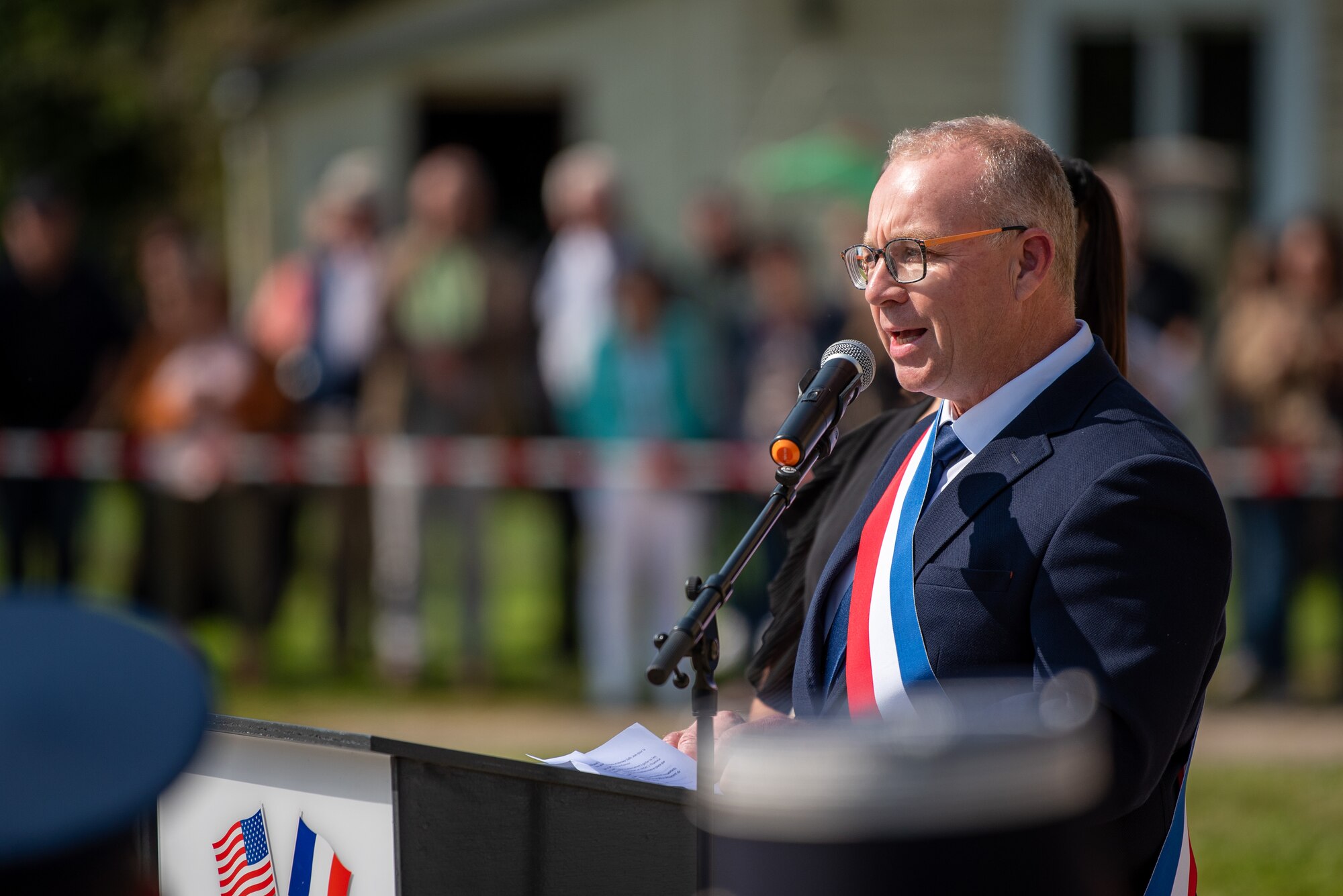CHEVIÈRES, France – John-Charles Genty, Mayor of Chevières, gives a speech during the reinterment ceremony for Capt. Hamilton Coolidge at the Eglise Saint Martin in Chevières, France, Sept. 15, 2024. Coolidge, who flew in combat during World War I, was posthumously honored with this ceremony more than a century after his death. (U.S. Air Force photo by Airman 1st Class Albert Morel)