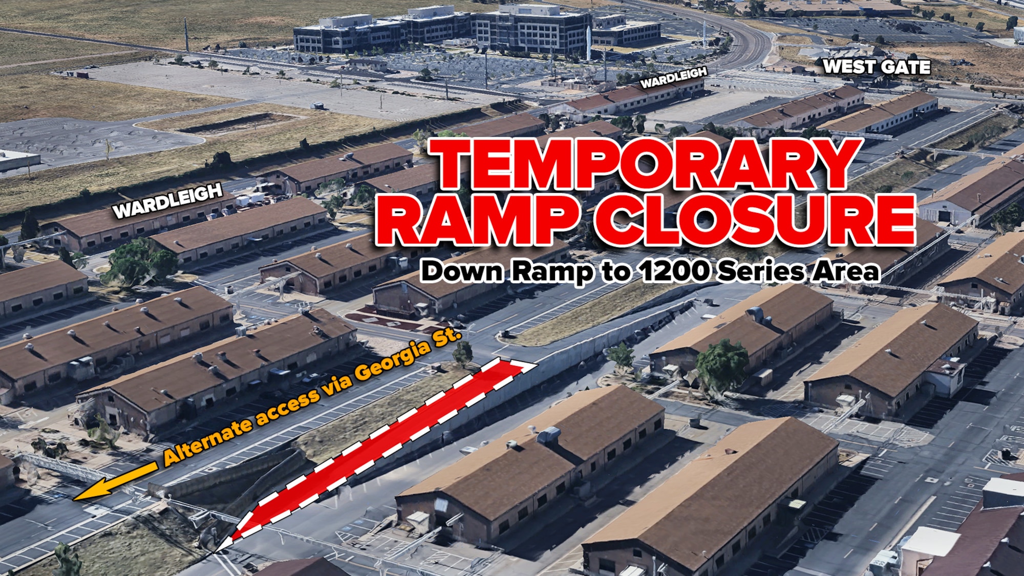 map graphic with lettering saying temporary ramp closure down ramp to 1200 series area