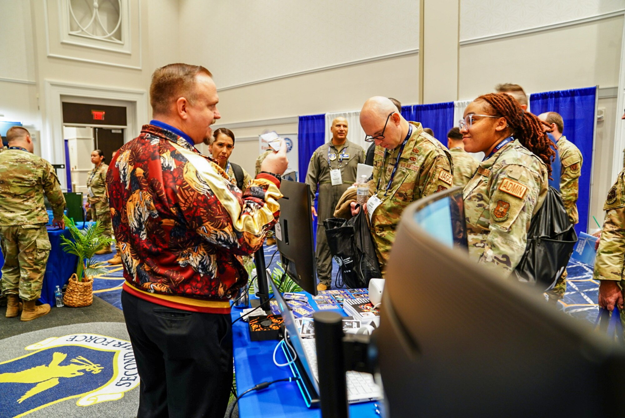 Patrick Baughman, 17th Training Wing, showcases virtual reality training to attendees at the Air, Space and Cyber Conference in National Harbor, Md., Sept. 16, 2024.