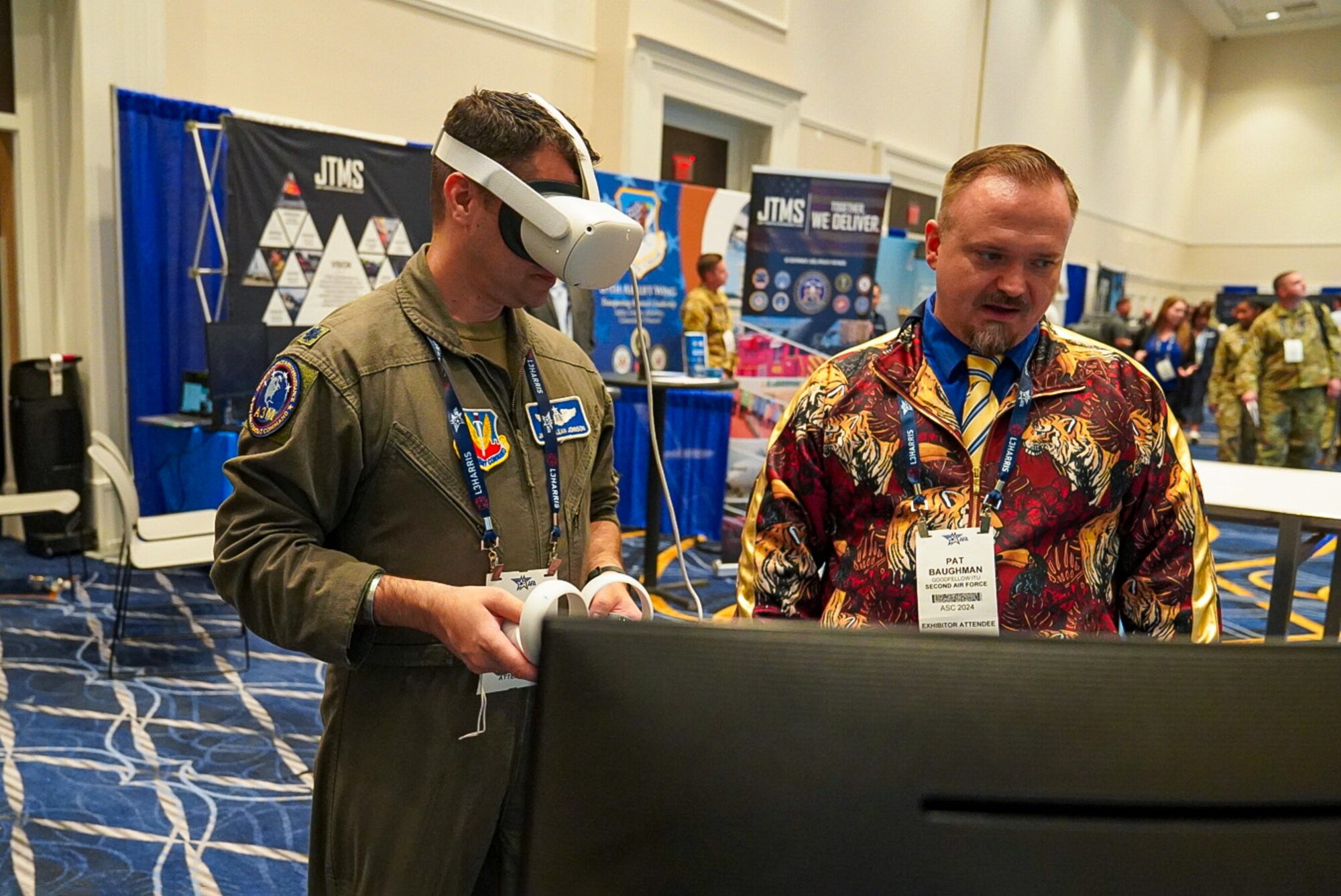 Patrick Baughman, 17th Training Wing, showcases virtual reality training to attendees at the Air, Space and Cyber Conference in National Harbor, Md., Sept. 16, 2024.