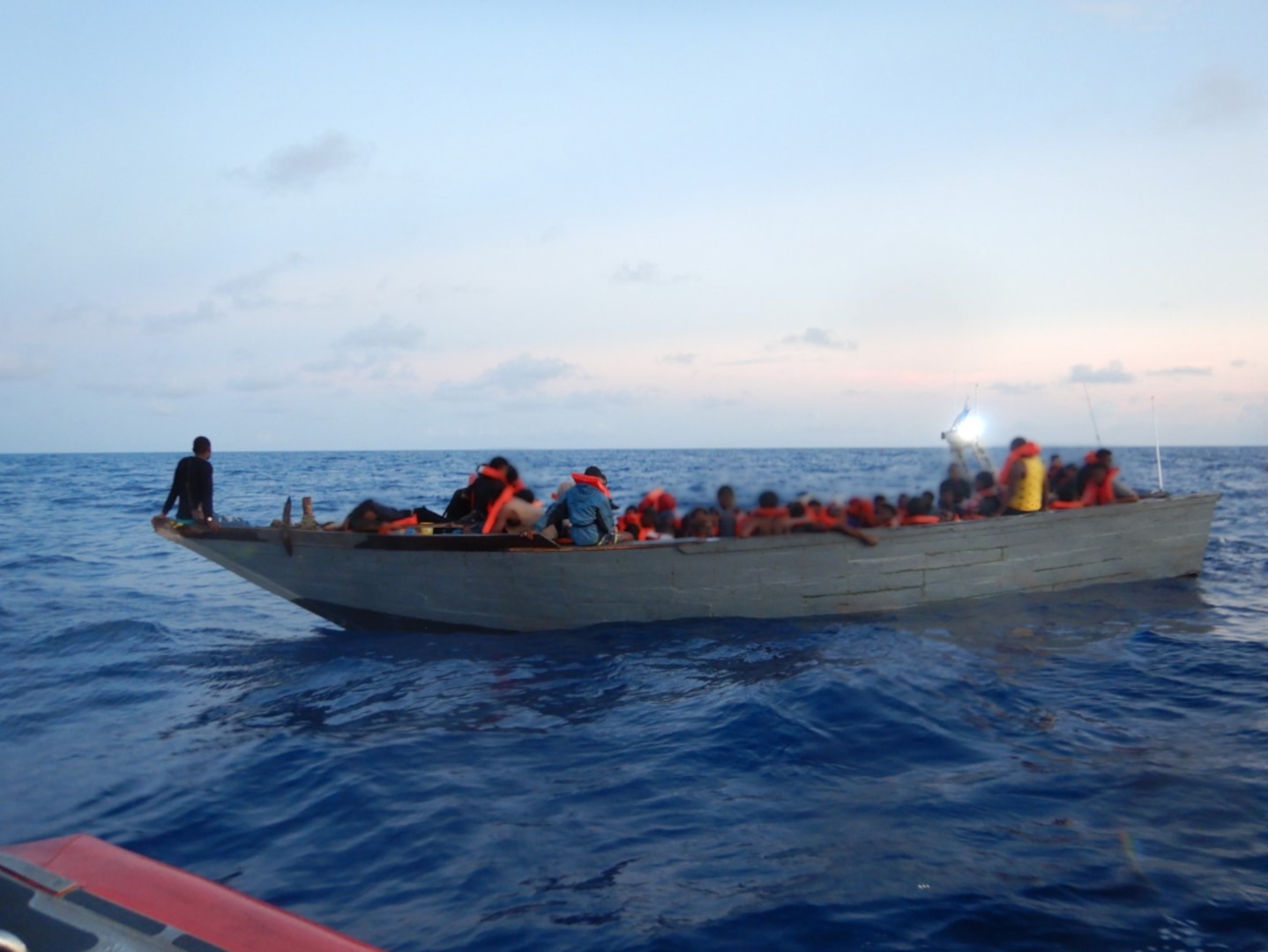 Law enforcement small boat crews from Coast Guard Cutter Bear and Kathleen Moore intercept a migrant vessel 22 miles north of Île de la Tortue, Haiti, Sept. 14, 2024. The migrants were repatriated to Cap-Haitien, Haiti, Sept. 18, 2024 following the interdiction. (U.S. Coast Guard photo)