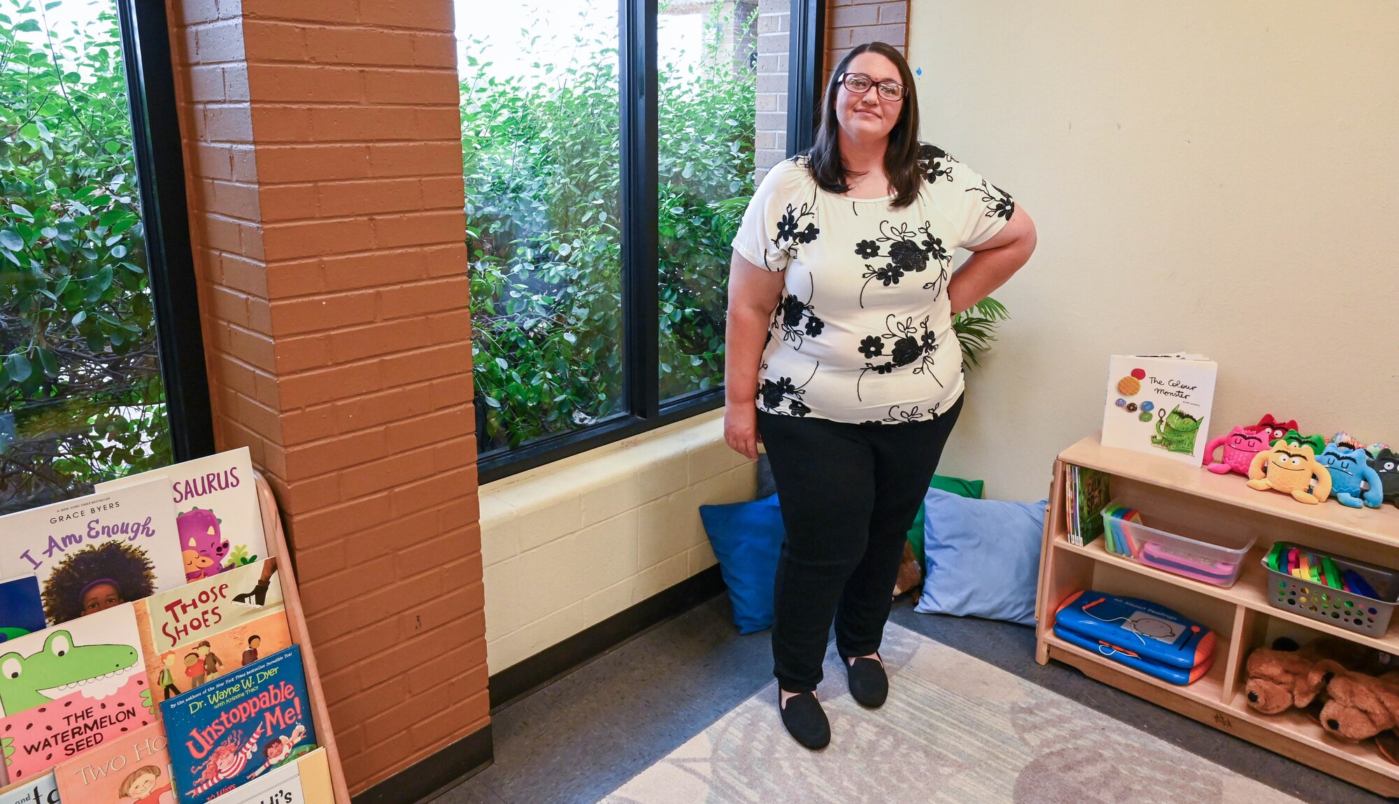 Stephanie Gray, 97th Force Support Squadron Child Development Center program lead teacher, poses for a photo in her classroom at the Youth Center at Altus Air Force Base, Oklahoma Sept. 7, 2024. Gray has worked at the CDC for the last 6 years. (U.S. Air Force photo by Airman 1st Class Heidi Bucins).