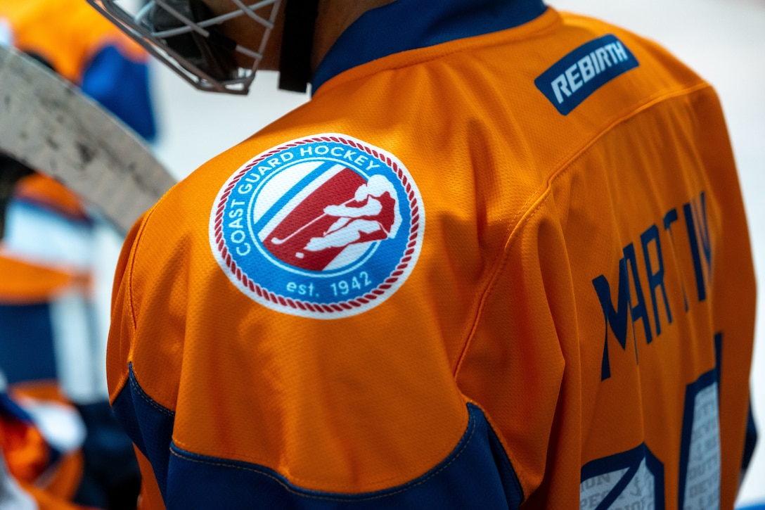 A Coast Guard Hockey team member wears the Mid-Atlantic team jersey in the 2024 Tunnels to Towers Heroes Cup on September 14, 2024, in Morristown, New Jersey. The Coast Guard Hockey team claimed victory in the 2024 Tunnels to Towers Heroes Cup representing Coast Guard active duty, reserves, and veterans while raising funds for the Tunnel to Towers Foundation. (Coast Guard photo by Petty Officer 2nd Class Sydney Phoenix)