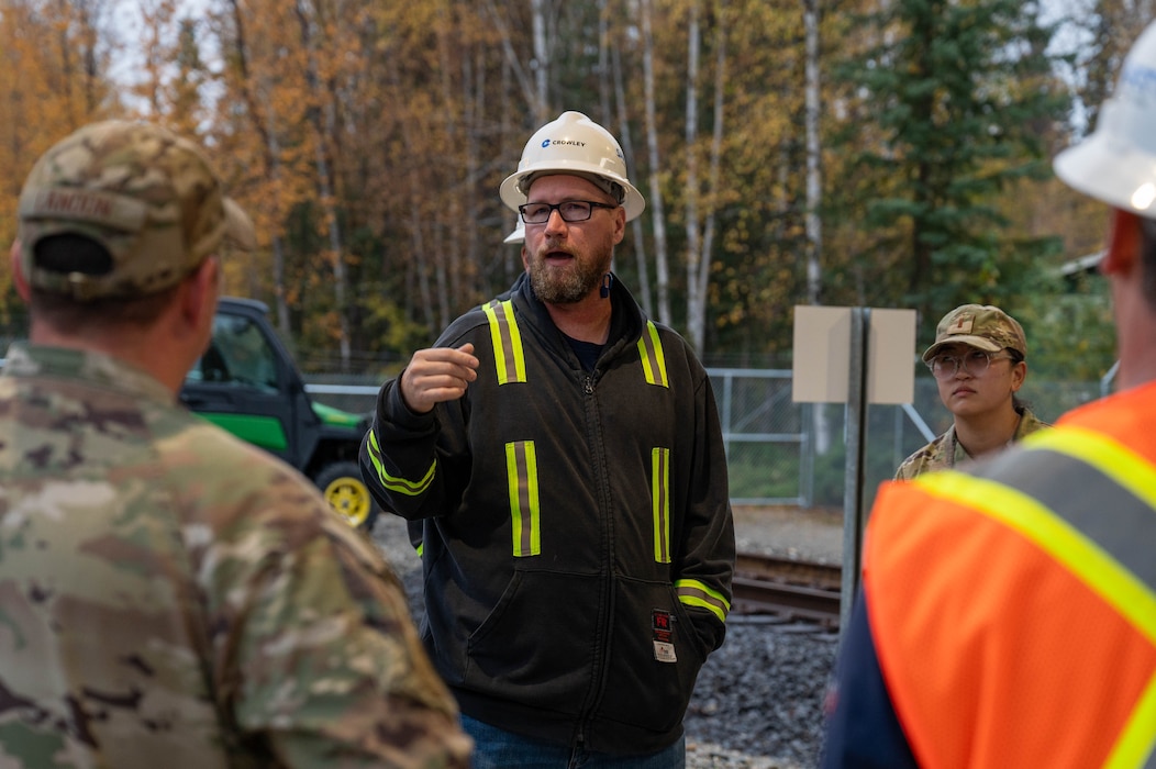 Heath Krogmann, Crowley Government Services terminal manager, conducts a safety brief before a fill stand test at the Defense Fuel Supply Point in North Pole, Alaska, Sept. 13, 2024.