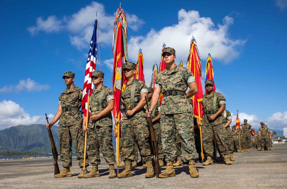 U.S. Marines with U.S. Marine Corps Forces, Pacific stand at parade rest during the MARFORPAC change of command ceremony on Marine Corps Base Hawaii, Sept. 12, 2024. Lt. Gen. William M. Jurney relinquished command to Lt. Gen. James F. Glynn. With two-thirds of the Marine Corps’ operating forces assigned, MARFORPAC operates in the U.S. Indo-Pacific Command area of responsibility, the largest Geographical Combatant Command in the U.S. Department of Defense, as the Nation’s expeditionary force-in-readiness. Pacific Marines serve alongside the joint force and like-minded allies and partners to preserve and maintain a free and open Indo-Pacific region. (U.S. Marine Corps photo by Cpl. Jonathan Beauchamp)