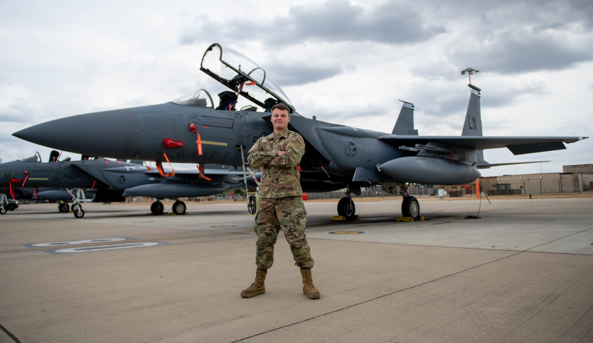 U.S. Air Force Senior Airman Caden Soper, 492nd Aircraft Maintenance Unit avionics technician and one of the 2022 12 Outstanding Airmen of the Year, poses for a photo at Royal Air Force Lakenheath, England, July 28, 2022. An Air Force selection board at the Air Force’s Personnel Center considered 36 nominees who represented major commands, direct reporting units, field operating agencies and Headquarters Air Force.  (U.S. Air Force photo by Airman 1st Class Olivia Gibson)