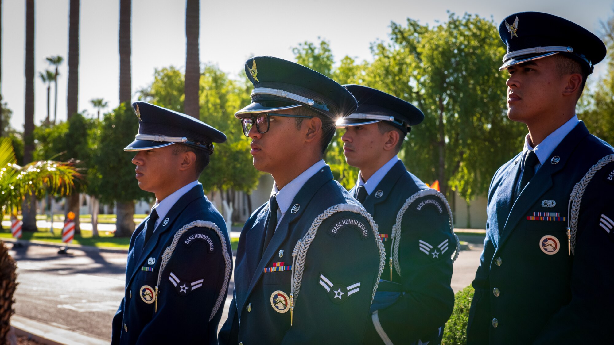 Luke Air Force Base Honor Guard prepare for a flag raising ceremony at Litchfield Park City Hall to celebrate the 77th birthday of the U.S. Air Force, Sept. 18th, 2024, in Litchfield Park, Arizona.