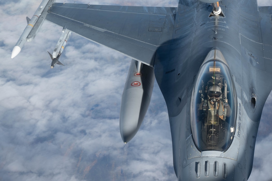 A North American Aerospace Defense Command F-16 Fighting Falcon refuels from an Alaska Air National Guard KC-135 Stratotanker during Operation POLAR VORTEX over Interior Alaska, Sept. 14, 2024.