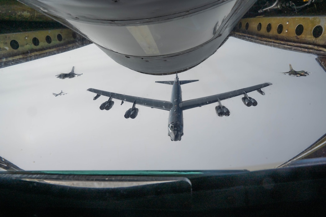 Two North American Aerospace Defense Command F-16 Fighting Falcons escort a U.S. Strategic Command B-52 Stratofortress across Alaska along with two Alaska Air National Guard KC-135 Stratotankers during Operation POLAR VORTEX over Interior Alaska, Sept. 14, 2024.