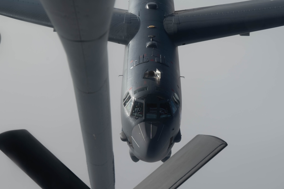 A U.S. Strategic Command B-52 Stratofortress prepares to refuel from an Alaska Air National Guard KC-135 Stratotanker during Operation POLAR VORTEX over Interior Alaska, Sept. 14, 2024.