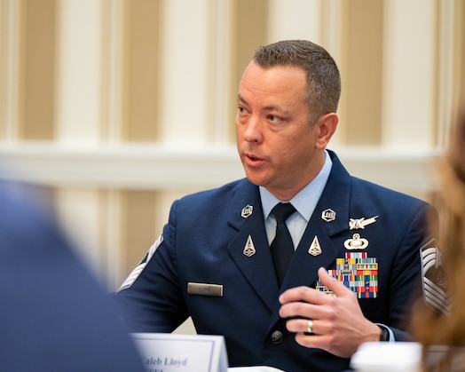  U.S. Space Force Chief Master Sgt. Caleb Lloyd, Senior Enlisted Leader of Space Operations Command, participates in a think tank event at the Air & Space Forces Association’s Air, Space & Cyber Conference in National Harbor, Maryland, Sept. 18, 2024.
