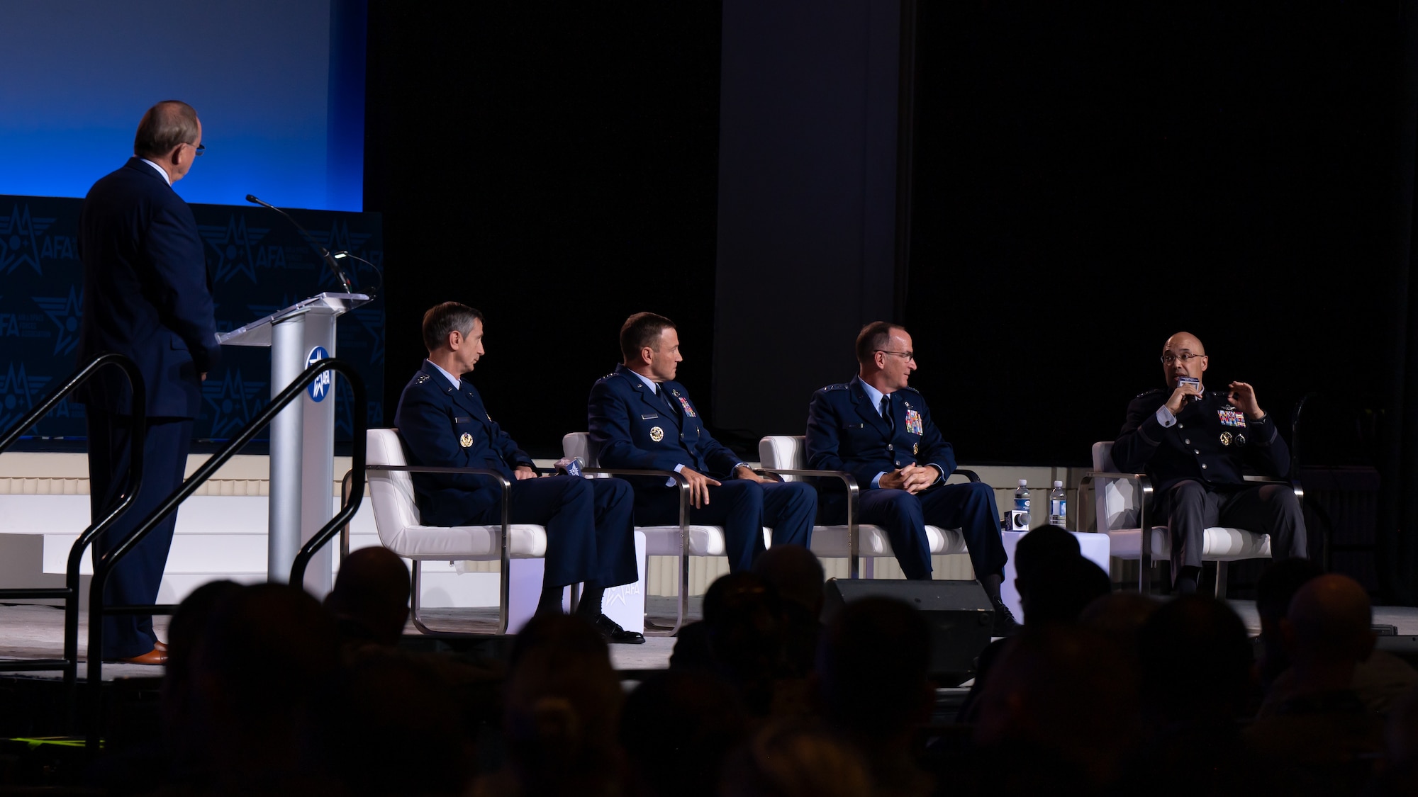 U.S. Space Force Lt. Gen. David N. Miller, Jr., Commander of Space Operations Command (right), speaks at a panel the Air & Space Forces Association’s Air, Space & Cyber Conference in National Harbor, Maryland, Sept. 18, 2024.