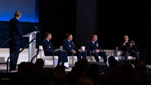  U.S. Space Force Lt. Gen. David N. Miller, Jr., Commander of Space Operations Command (right), speaks at a panel the Air & Space Forces Association’s Air, Space & Cyber Conference in National Harbor, Maryland, Sept. 18, 2024.