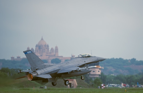 A 179th Expeditionary Fighter Squadron  F-16 Fighting Falcon takes off during Tarang Shakti-24 at Jodhpur Air Force Station, Rajasthan, India, Sept. 5, 2024.