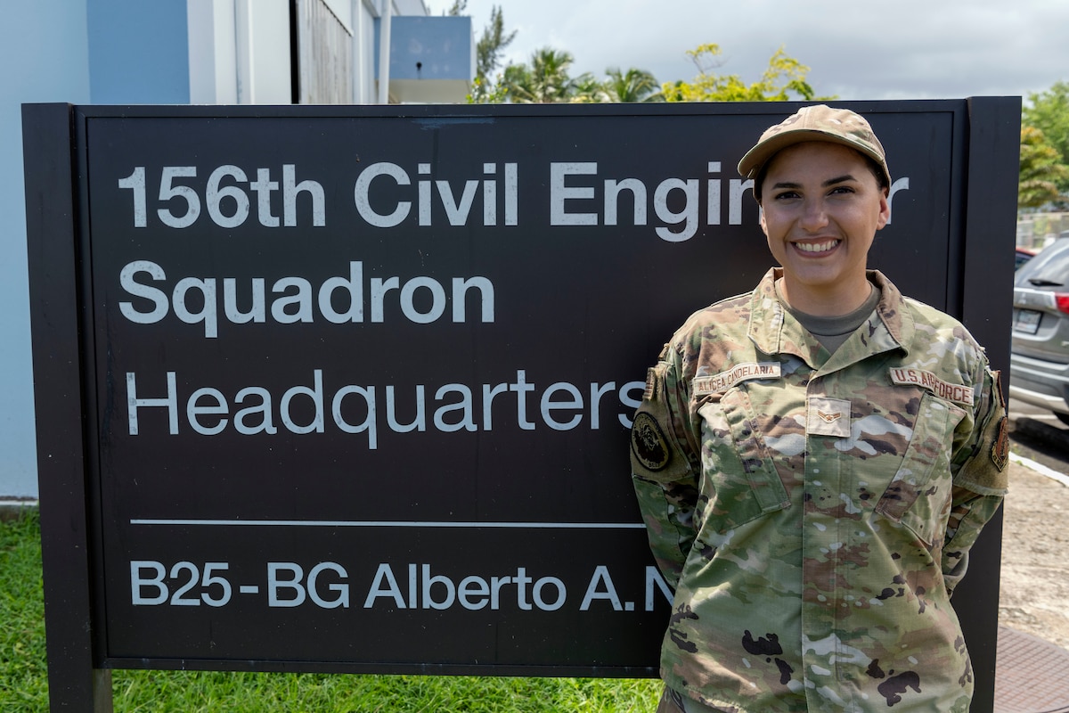 U.S. Air Force Airman 1st Class Maria Milagros Alicea Candelaria, a pavement and construction apprentice assigned to the 156th Civil Engineer Squadron, Puerto Rico Air National Guard, poses for a portrait at Muñiz Air National Guard Base, Carolina, Puerto Rico, Sept. 10, 2024. Alicea was recognized as the first female pavement and construction specialist in the history of the PRANG. (U.S. Air National Guard photo by Senior Airman Marrissa L. Rodriguez)