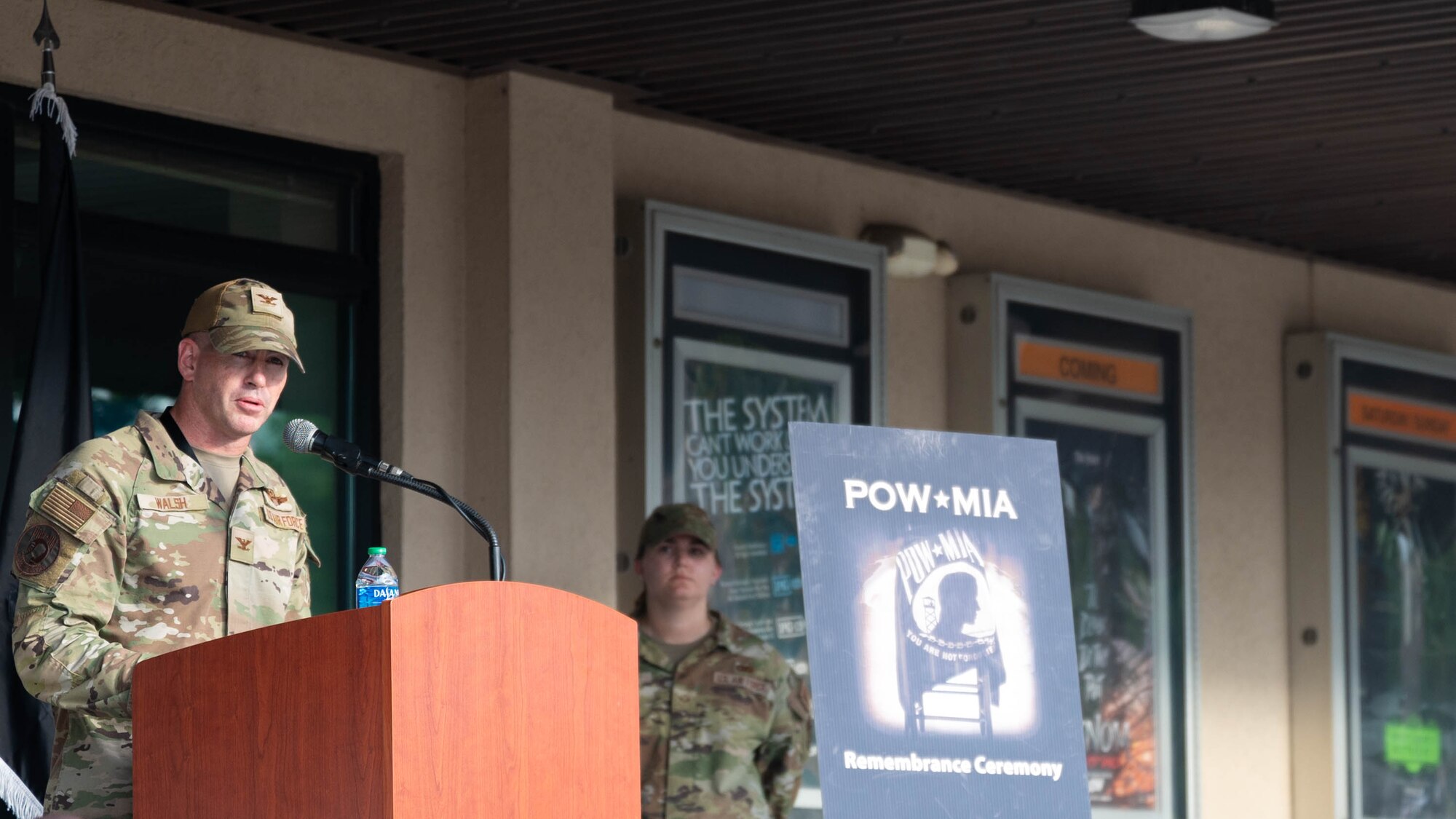 U.S. Air Force Col. Kevin Walsh, 51st Fighter Wing deputy commander, gives remarks during a POW/MIA recognition ceremony at Osan Air Base, Republic of Korea, Sept. 19, 2024. The annual proclamation is held on the third Friday in September for national POW/MIA Recognition Day. (U.S. Air Force photo by Staff Sgt. Christopher Tam)