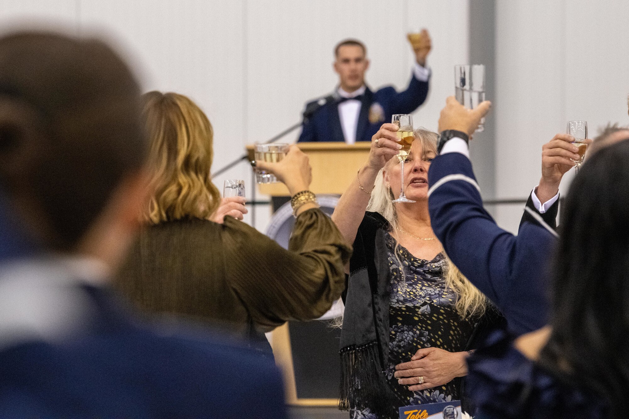 Attendees raise their glasses for a toast