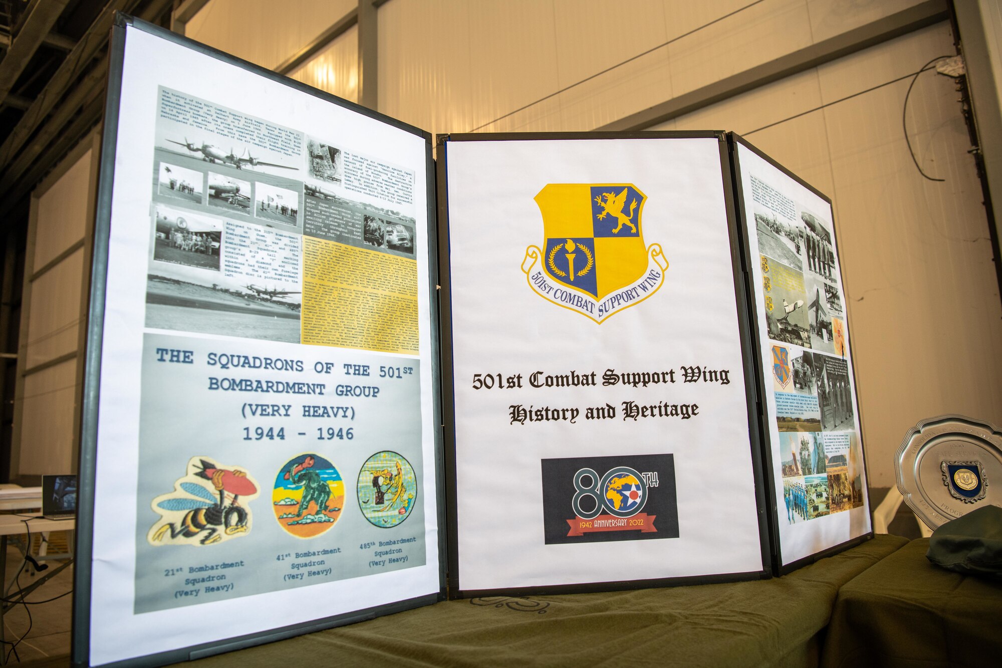 A tri-fold displays historical information during the RAF Fairford 80th Anniversary Heritage Day