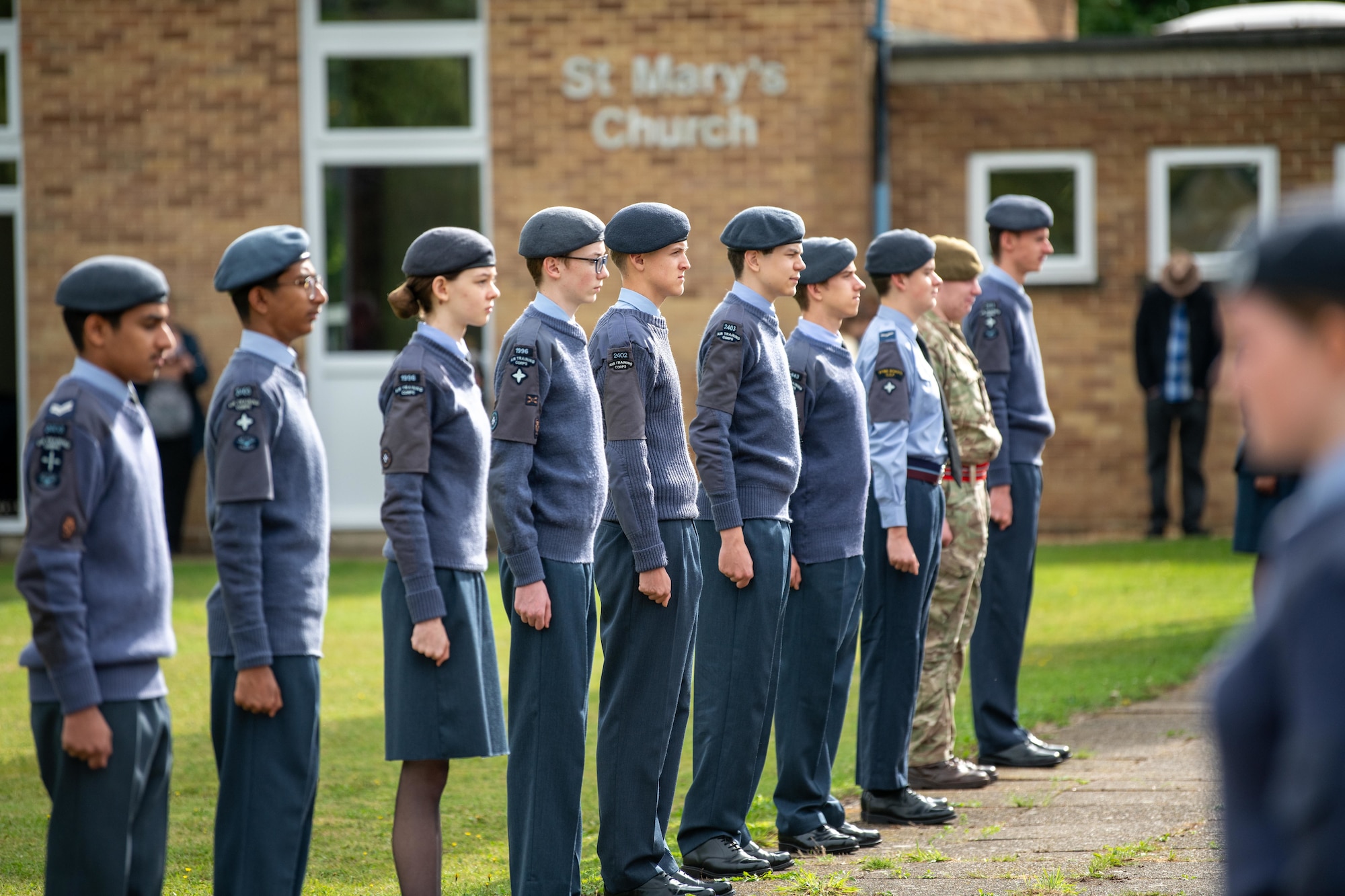 Royal Air Force Air Cadets stand during an 84th anniversary Battle of Britain commemoration service