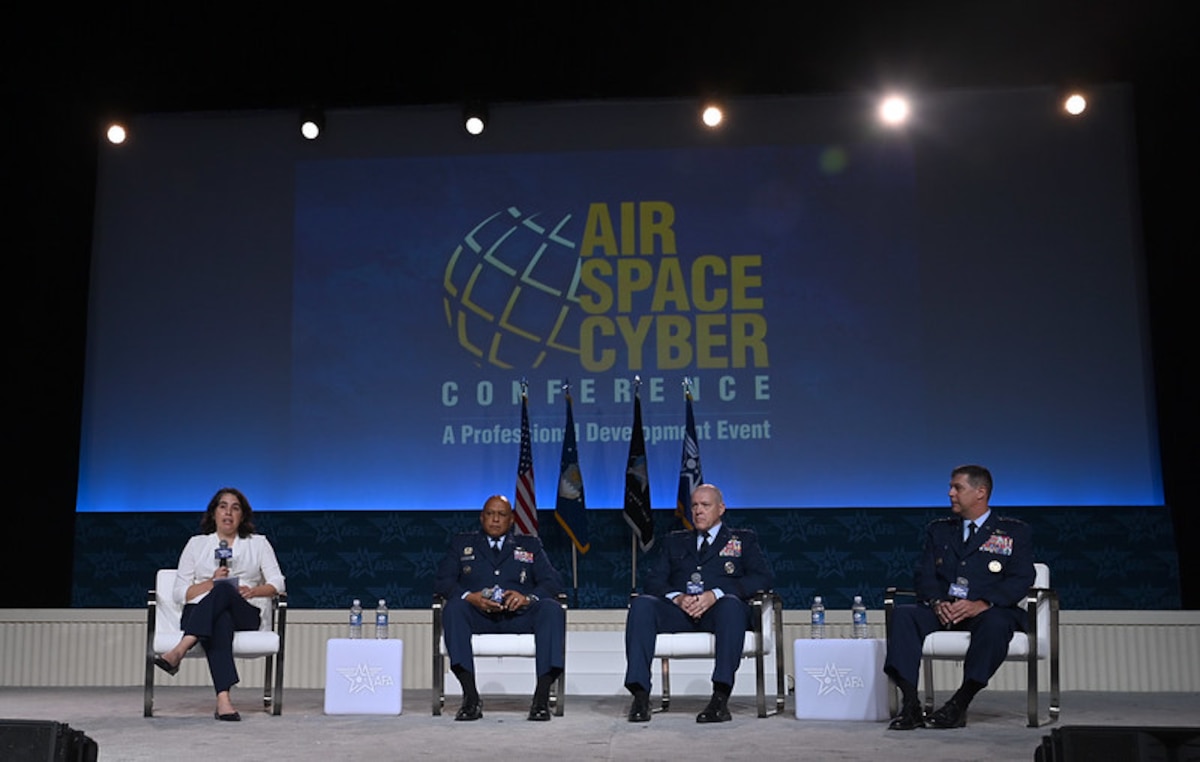 Under Secretary of the Air Force Melissa G. Dalton, Gen. Anthony Cotton, United States Strategic Command commander; Gen. Thomas Bussiere, Air Force Global Strike Command commander; and Lt. Gen. Andrew Gebara, the Department of the Air Force’s deputy chief of staff for strategic deterrence and integration, participate in the Nuclear Imperative panel at the Air and Space Forces Association’s Air, Space and Cyber Conference in National Harbor, Md., Sept 17, 2024. The technology exposition brings together Air Force leadership, industry experts, academia as well as aerospace and cyberspace specialists from around the world to discuss the issues and challenges facing America today. (U.S. Air Force photo by Chad Trujillo)