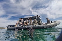 U.S. Navy explosive ordnance disposal (EOD) technicians from Explosive Ordnance Disposal Mobile Unit (EODMU) 8 and EOD technicians from the Ukrainian Navy, conduct underwater demolition operations off the coast of Varna, Bulgaria, during exercise Sea Breeze 2024, Sept. 13, 2024. Sea Breeze is an annual maritime exercise aimed at building collective capability and agility to restore security and stability in the dynamic Black Sea. Sea Breeze 2024-3 is focused on explosive ordnance disposal, dive operations and unmanned underwater vehicles.