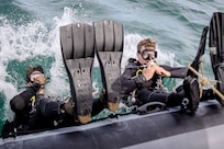 U.S. Navy explosive ordnance disposal (EOD) technicians from Explosive Ordnance Disposal Mobile Unit (EODMU) 8 conduct underwater demolition operations off the coast of Varna, Bulgaria, during exercise Sea Breeze 2024, Sept. 17, 2024. Sea Breeze is an annual maritime exercise aimed at building collective capability and agility to restore security and stability in the dynamic Black Sea. Sea Breeze 2024-3 is focused on explosive ordnance disposal, dive operations and unmanned underwater vehicles.