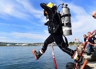 Navy Diver 1st Class Joseph Onweller, assigned to Mobile Diving and Salvage Unit 2, enters the water for an underwater cutting and welding training with Ukrainian divers during exercise Sea Breeze 2024, Varna, Bulgaria, Sept. 13, 2024. Sea Breeze is an annual maritime exercise aimed at building collective capability and agility to restore security and stability in the dynamic Black Sea. Sea Breeze 2024-3 is focused on explosive ordnance disposal, dive operations and unmanned underwater vehicles.