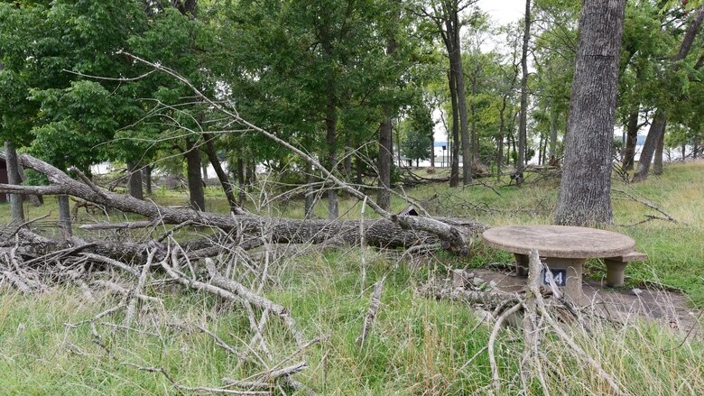 U.S. Army Corps of Engineers Nashville District officials say debris removal at Rockland Recreation Area in Hendersonville, Tennessee, on the shoreline of Old Hickory Lake is expected to begin in the coming weeks. Hundreds of trees were knocked down and picnic shelters demolished when a tornado hit the area Dec. 9, 2023. (USACE Photo by Lee Roberts)