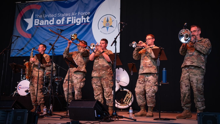 Band of Flight's brass section perform at the Fraze Pavilion.