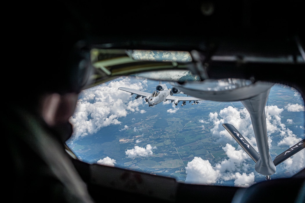 A U.S Air Force KC-135 Stratotanker aircrew from the 117th Air Refueling Wing, Sumpter Smith Joint National Guard Base, Birmingham, Alabama, conduct aerial refueling operations for an A-10C Thunderbolt II assigned to the 75th Fighter Squadron at Moody Air Force Base, Georgia, Sept. 19, 2024. Boom operators ensured precise connections during the mid-air refueling of multiple jets. (U.S. Air Force photo by Senior Airman Leonid Soubbotine)