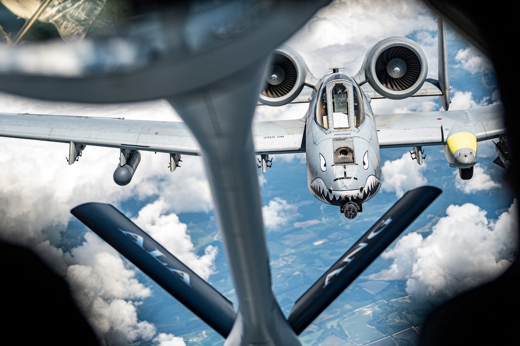 A U.S Air Force KC-135 Stratotanker aircrew from the 117th Air Refueling Wing, Sumpter Smith Joint National Guard Base, Birmingham, Alabama, conduct aerial refueling operations for an A-10C Thunderbolt II assigned to the 75th Fighter Squadron at Moody Air Force Base, Georgia, Sept. 19, 2024. A KC-135 refueled multiple A-10’s in a short time during its routine mid-air refueling mission. (U.S. Air Force photo by Senior Airman Leonid Soubbotine)