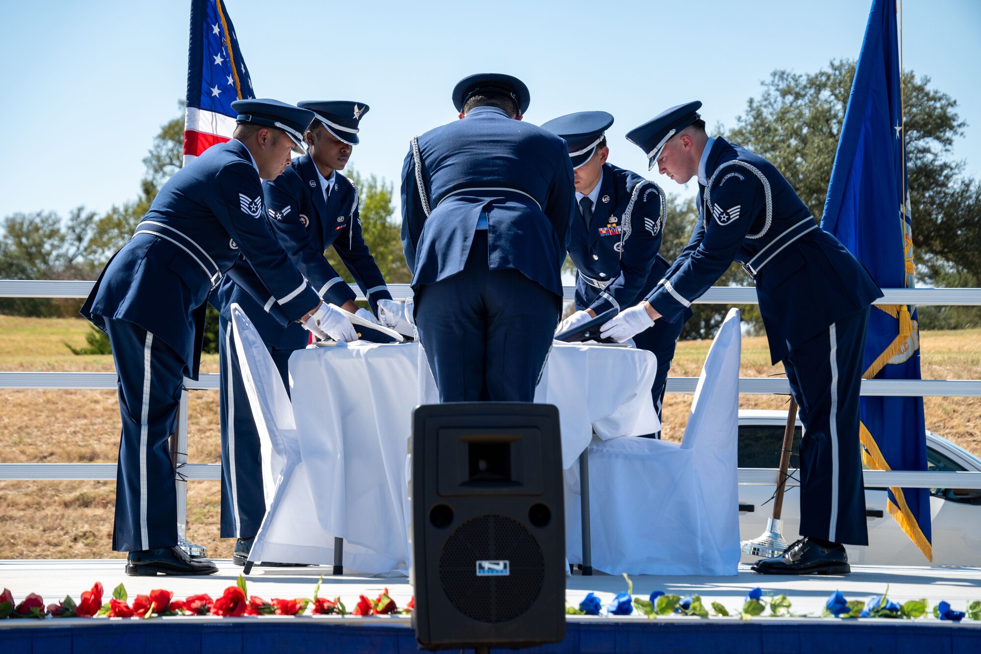 Members of the Sheppard Air Force Base Honor Guard perform the POW/MIA Missing Man Table Ceremony during the Opening Ceremony for the POW/MIA Remembrance 24-hr Run/Walk/Ruck September 19, 2024, at Sheppard AFB, Texas.