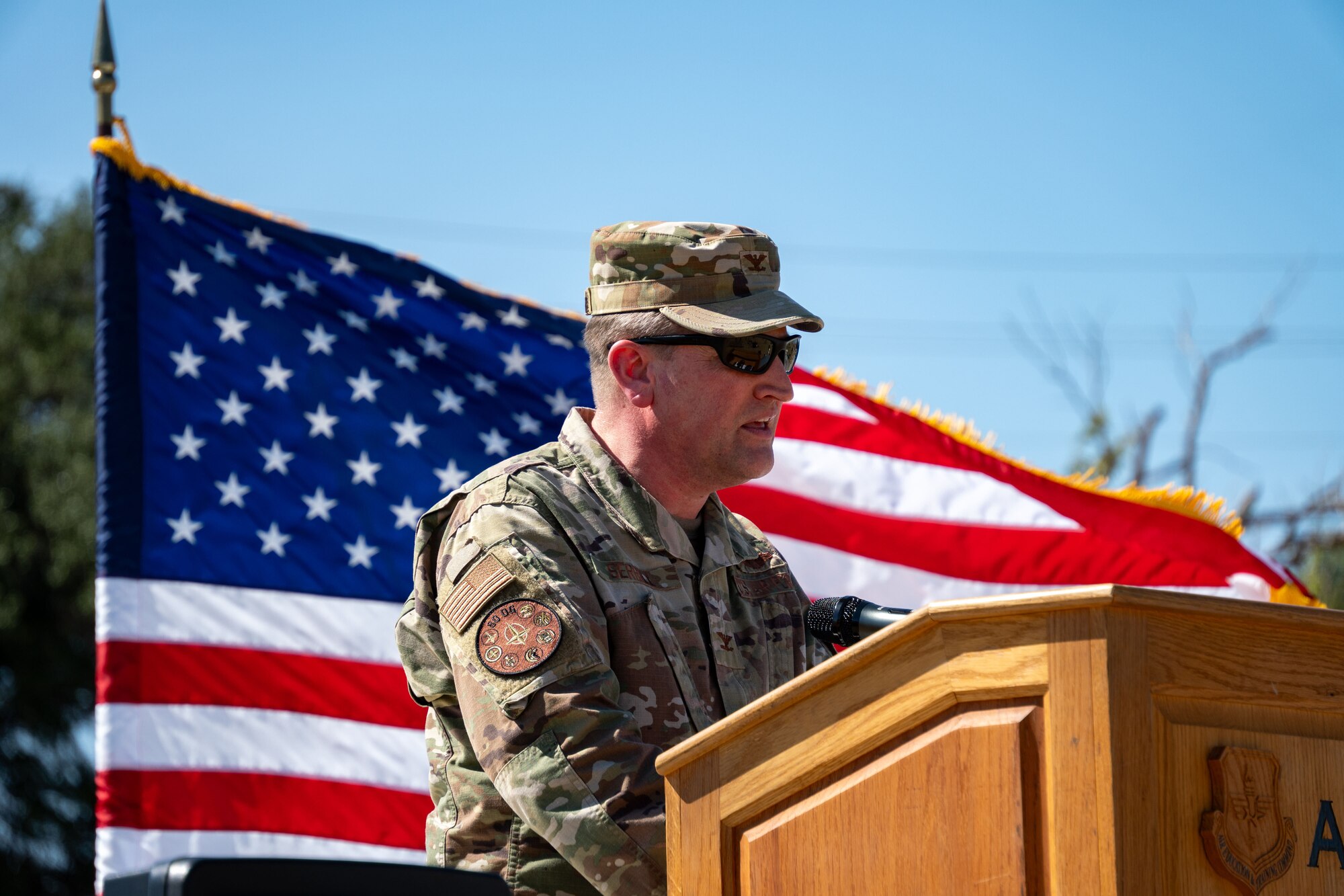 U.S. Air Force Col. Ryan Serrill, 80th Operations Group Deputy Commander, delivers opening remarks during the Opening Ceremony for the POW/MIA Remembrance 24-hr Run/Walk/Ruck September 19, 2024, at Sheppard Air Force Base, Texas.