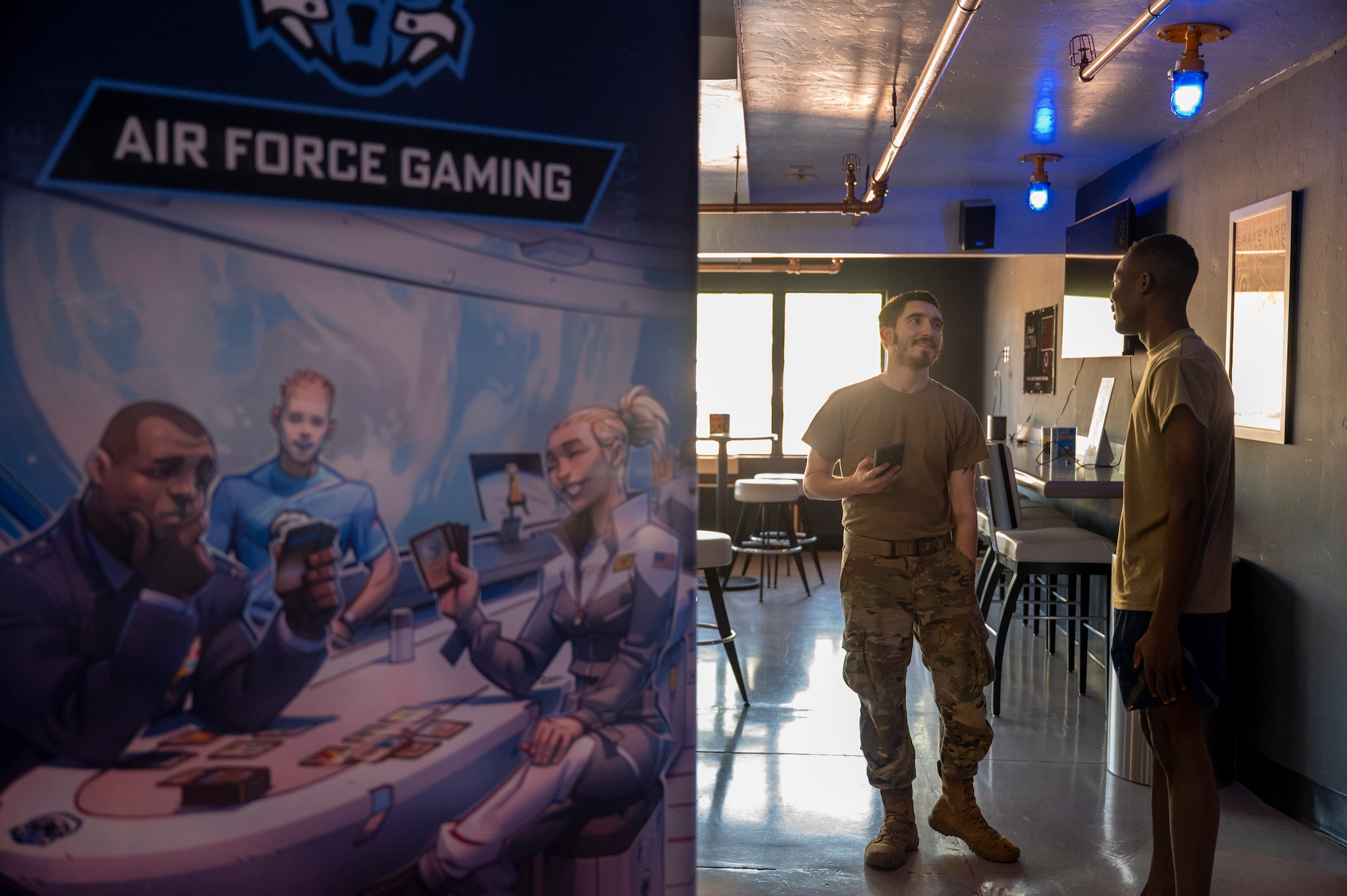 U.S. Air Force Airmen arrive at Community Game Night at Davis-Monthan Air Force Base, Arizona, Sept. 19, 2024. Multiple board games and video games were provided to game night attendees. (U.S. Air Force photo by Airman 1st Class William Finn V)