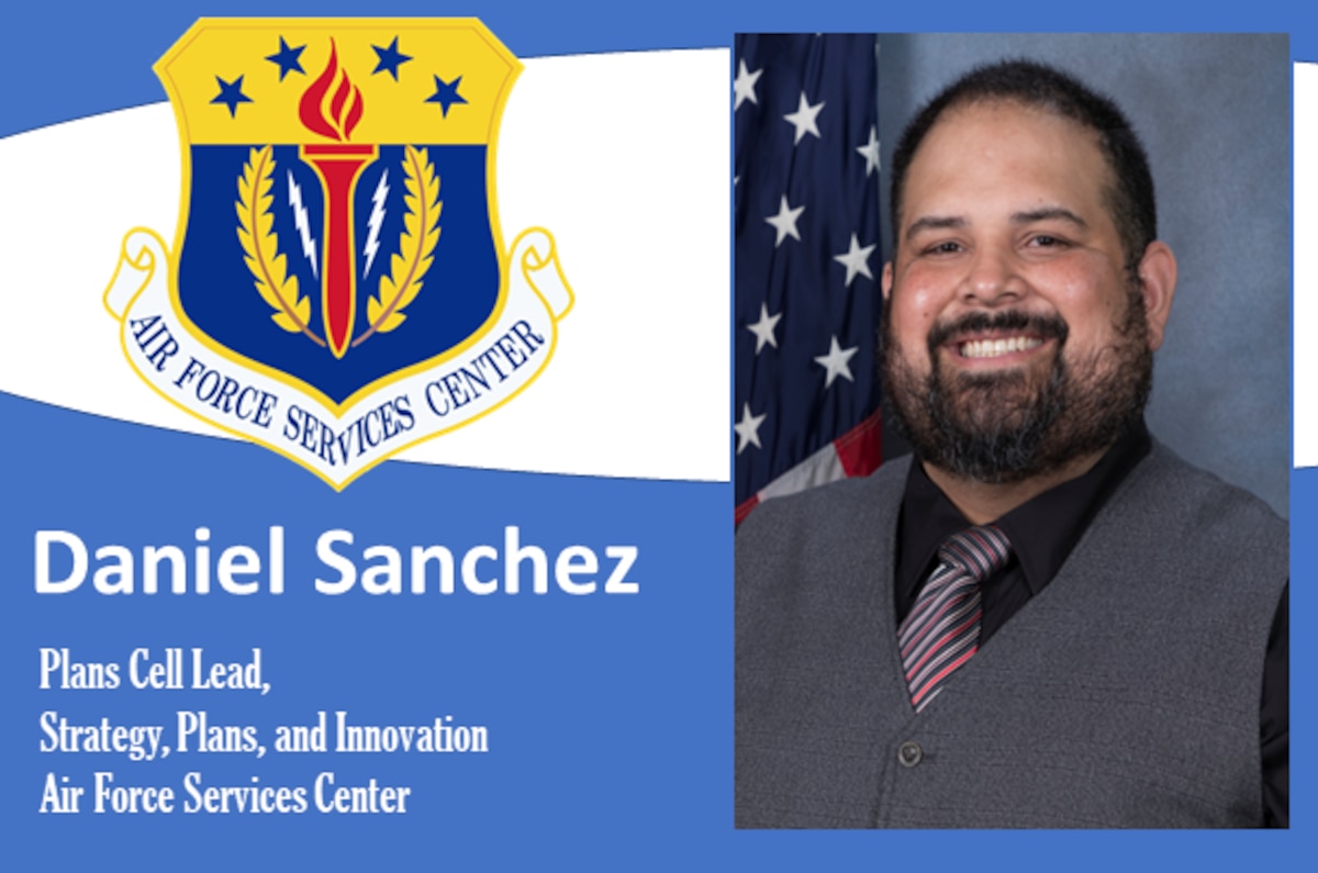 Daniel Sanchez profile photo with the AFSVC shield and duty title on the AFIMSC Mission Monday template.