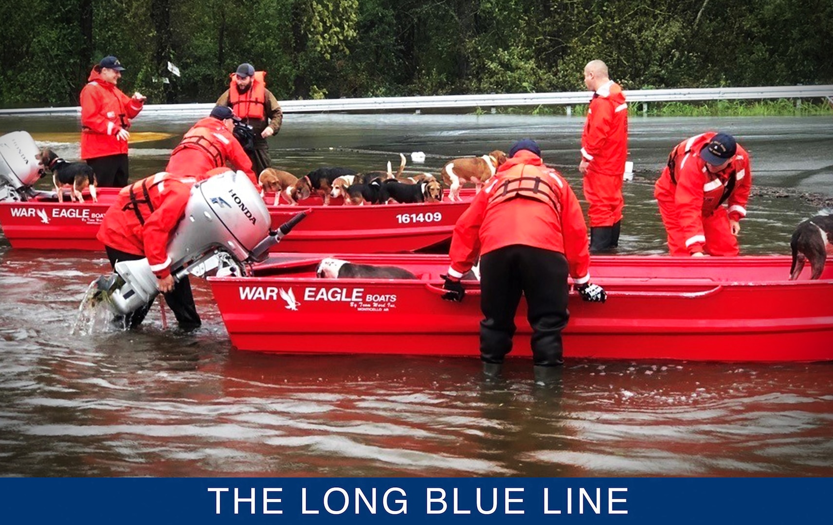 Shallow-Water Response Team 3 crewmembers rescued four pit bulls, 11 beagles and their owners from rising flood waters caused by Hurricane Florence in Delco, North Carolina, September 16, 2018. The Coast Guard is conducting search and rescue operations in support of state and local emergency operation centers. (U.S. Coast Guard photo by Chief Petty Officer Stephen Kelly)