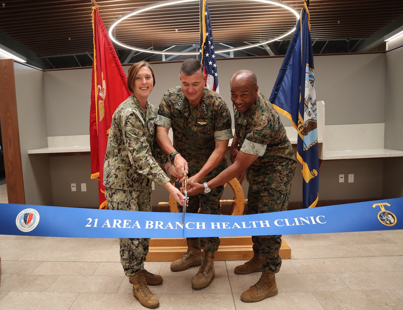 Navy Capt. Jenny Burkett, Naval Hospital Camp Pendleton Director, Lt. Gen. Michael Cederholm, commanding general of I Marine Expeditionary Force (I MEF), and Brig. Gen. Nick Brown, commanding general of Marine Corps Installations West / Marine Corps Base Camp Pendleton, cut the ceremonial ribbon officially opening the new and improved 21 Area Branch Health Clinic on Sept. 19, 2024. The 21 ABHC provides medical and dental care to the approximately 5,000 active-duty service members serving aboard Camp Del Mar.