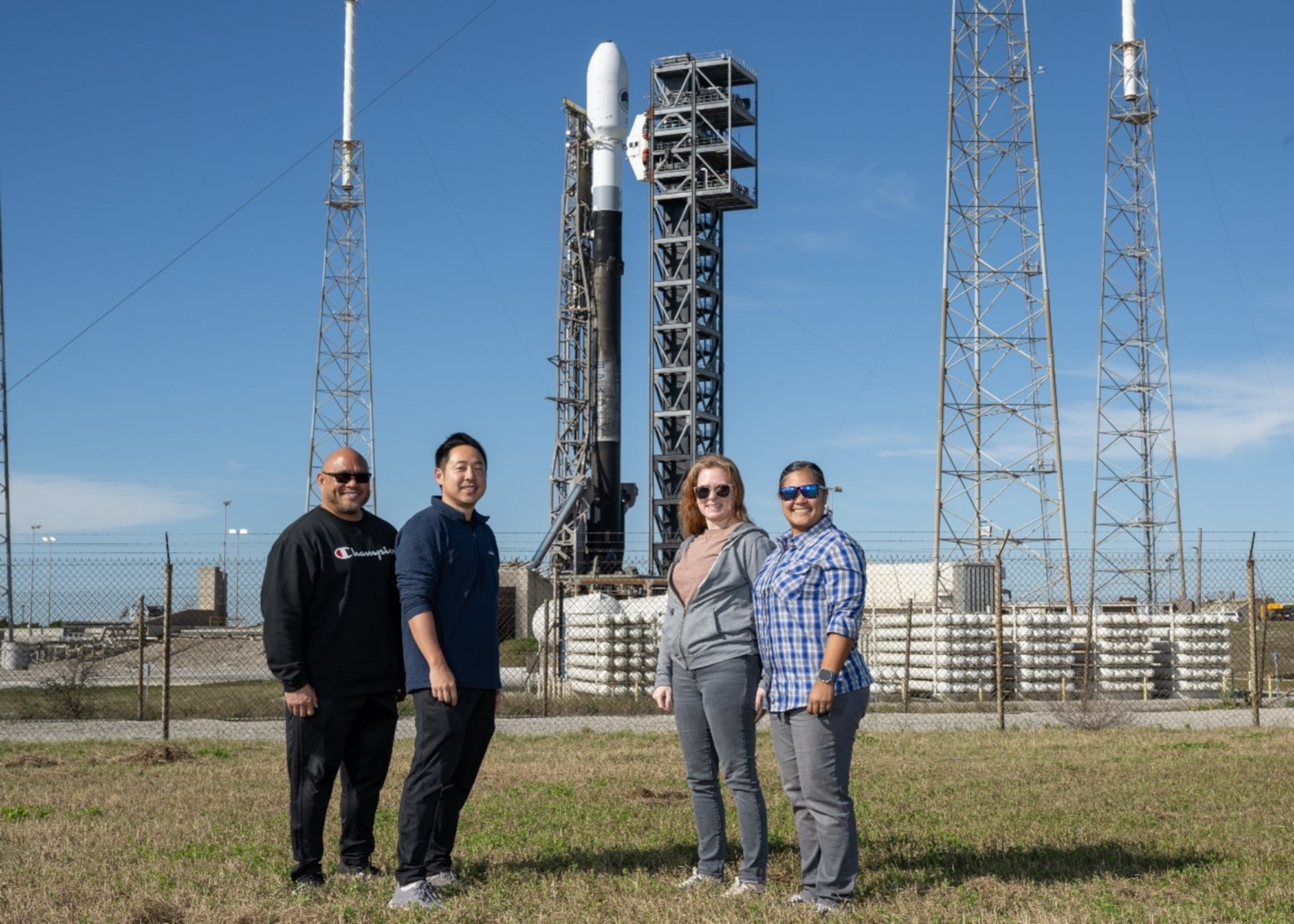 Space Systems Command’s Airlift Operations team awaits the launch of USSF-124 at Cape Canaveral in March 2024, after successfully transporting the space vehicle.
Left to right: SSC’s Patrick Gomez, Esmond Kim, Tara Nixon, and Myrabel Balina.