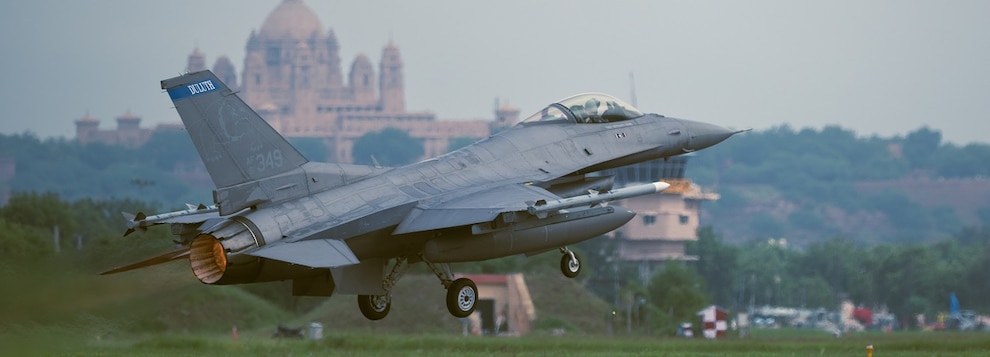 A 179th Expeditionary Fighter Squadron F-16 Fighting Falcon takes off during Tarang Shakti-24 at Jodhpur Air Force Station, Rajasthan, India, Sept. 5, 2024.