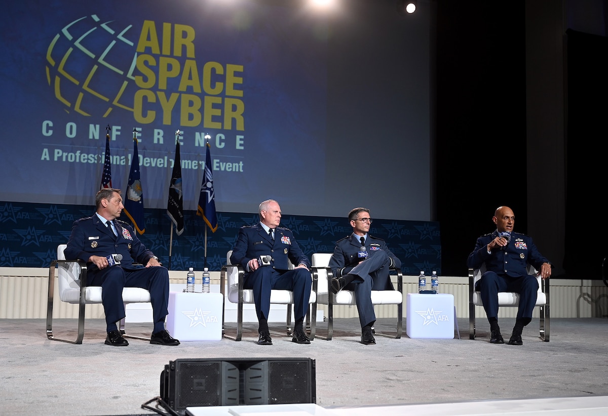 Department of the Air Force leaders take part in a panel discussion at the Air and Space Forces Association’s Air, Space & Cyber Conference, National Harbor, Md., Sept 17, 2024. The technology exposition brings together Air Force leadership, industry experts, academia as well as aerospace and cyberspace specialists from around the world to discuss the issues and challenges facing America today. (U.S. Air Force photo by Andy Morataya)