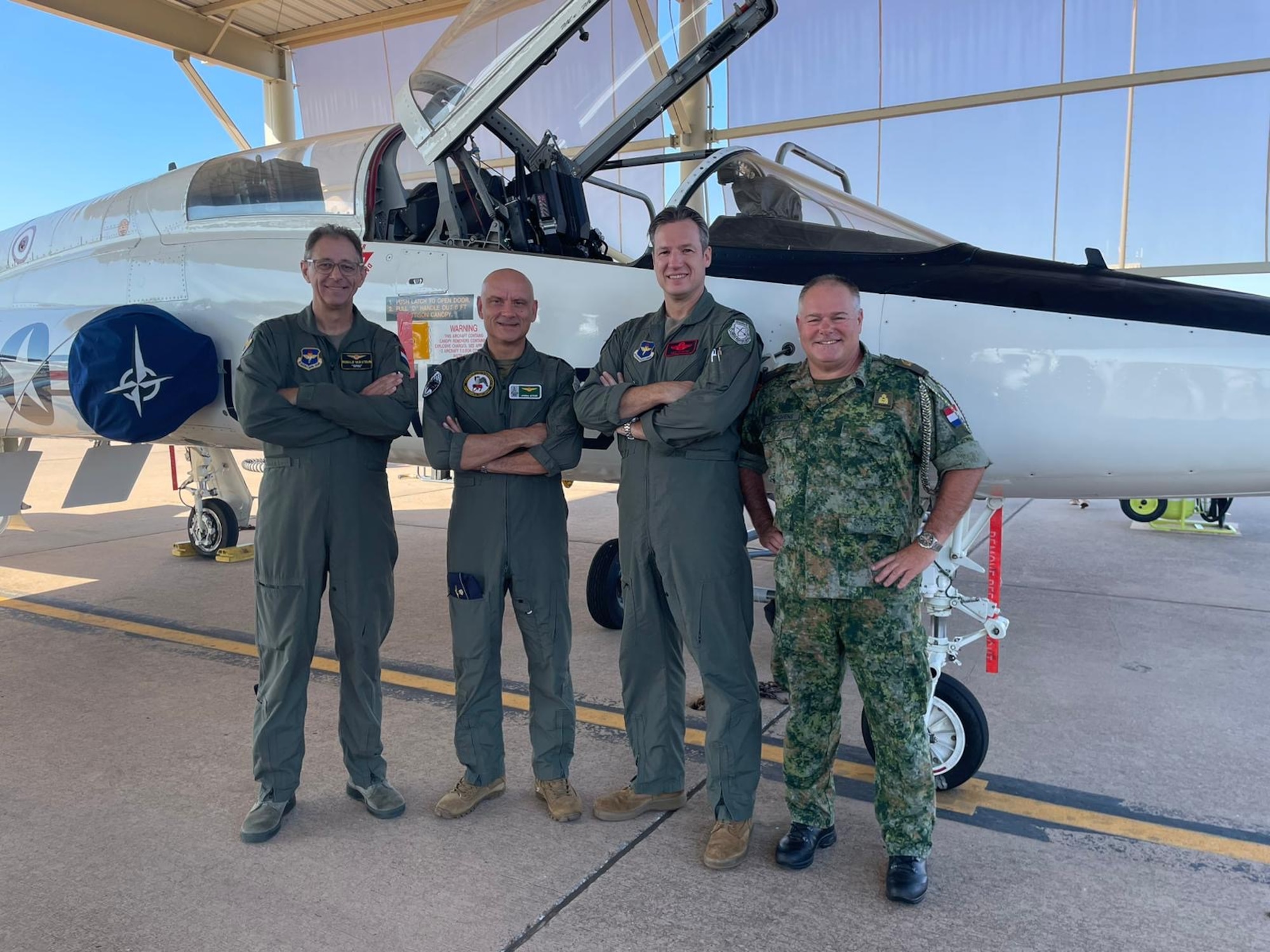 412th Training Wing Dutch Senior National Representative Lt. Col. Niels Haarsma pose in front of a T-38 Talon September 13, 2024, at Sheppard Air Force Base, Texas.