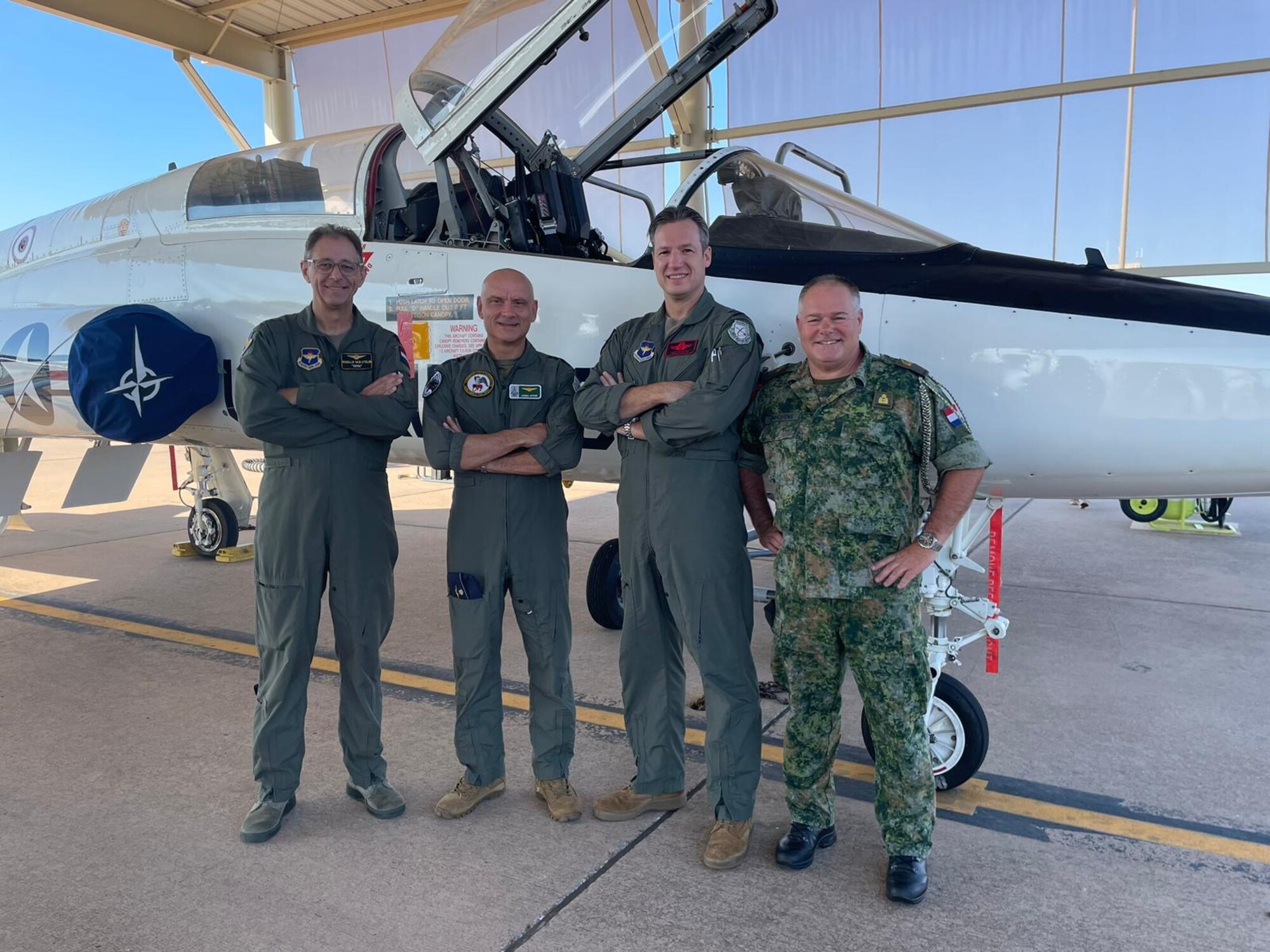 412th Training Wing Dutch Senior National Representative Lt. Col. Niels Haarsma pose in front of a T-38 Talon September 13, 2024, at Sheppard Air Force Base, Texas.